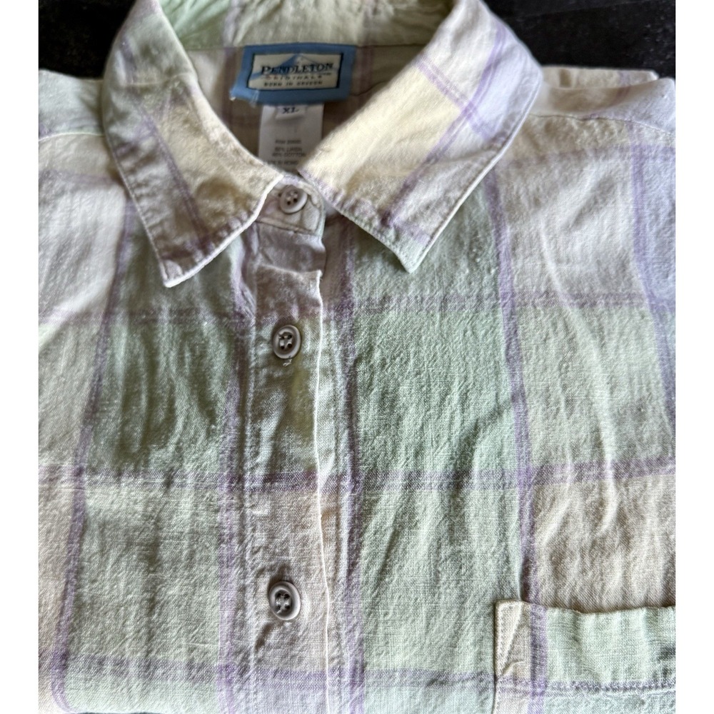 Pendleton Linen Blend Plaid Button Down Shirt XL Green Purple Pastel Long Sleeve